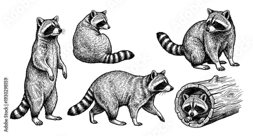 Raccoon collection in vintage engraving style