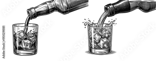 Pouring whiskey into glass with ice in vintage engraving style