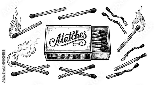 Matchbox and matches collection in vintage engraving style