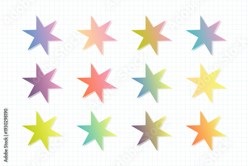 パステルカラーのグラデーションがかかった多角形の星型アイコンセット、グリッド背景に並ぶモダンなベクターイラスト、装飾用グラフィックパーツとドロップシャドウの背景素材