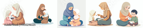 vector Muslim mother and child breaking the fast together