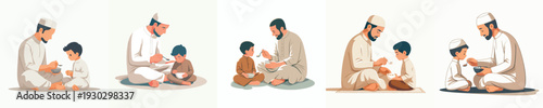 vector Muslim father and son breaking the fast together