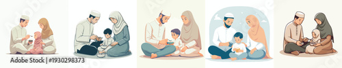 vector Muslim parents and child breaking the fast together
