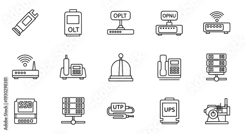 Network technology icon set with router server ssd and hardware
