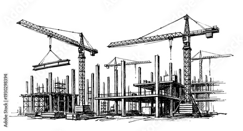 Construction site with cranes in vintage hand drawn sketch style