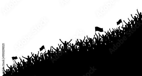 Cheering crowd silhouette with flags in diagonal composition