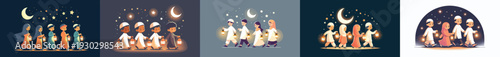 vector of little muslim friends walking holding ramadan lanterns in night