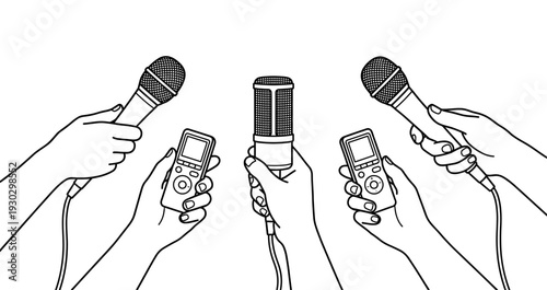 Hands holding microphone and voice recorder in line art style