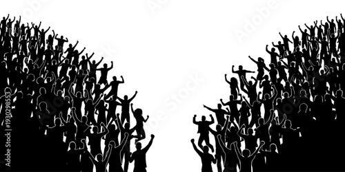 Cheering crowd silhouette in two groups with diagonal composition