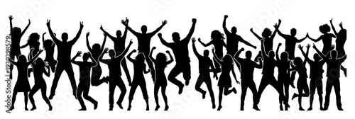 Jumping and cheering crowd silhouette with happy people