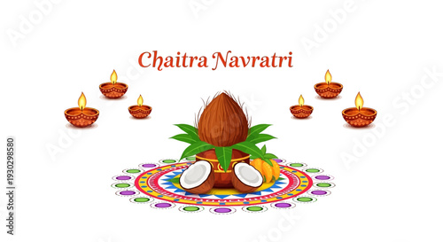 Vector illustration of Chaitra Navratri design with coconut, diyas, and colorful rangoli on a white background, symbolizing Hindu Festival celebration.