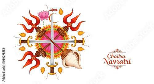 Vector illustration of Chaitra Navratri 2026 design with Hindu Goddess Durga elements and traditional Indian festival symbols in a vibrant, spiritual composition.