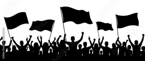 Cheering crowd silhouette with flags and raised hands