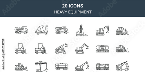 Heavy Equipment Line Icons Set Including Excavator Bulldozer Crane Dump Truck and Construction Machinery Vector Collection