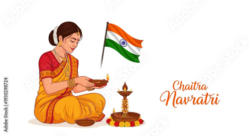 Illustration of a woman in traditional Indian attire celebrating Chaitra Navratri with a lamp and Indian flag in a colorful and spiritual setting.