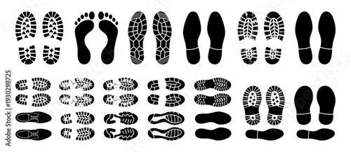 Shoe sole and footprint silhouette set with boot and sneaker track