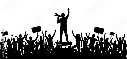 Protesting crowd silhouette with leader and megaphone
