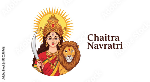 A vibrant illustration of Goddess Durga, a revered Hindu deity, surrounded by symbolic elements, against a radiant yellow background, representing Chaitra Navratri, a significant spiritual