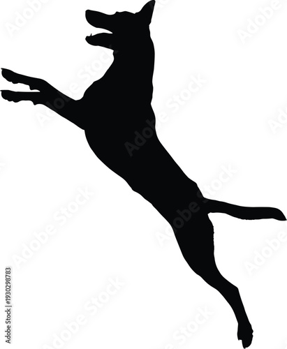 Black silhouette of a happy dog jumping and leaping in the air isolated on white background for pet training animal play and agility themes
