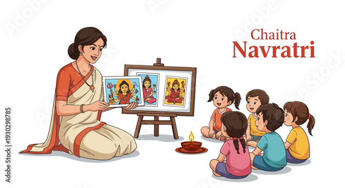 A woman in traditional Indian attire explains Hindu Goddess illustrations to children during Chaitra Navratri celebration in a simple, flat illustration with warm colors.