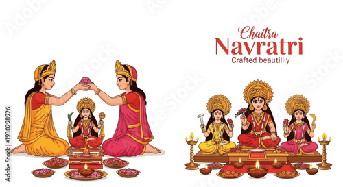 Illustration of Hindu women celebrating Chaitra Navratri with traditional rituals and Goddess Durga worship in a devotional setting.