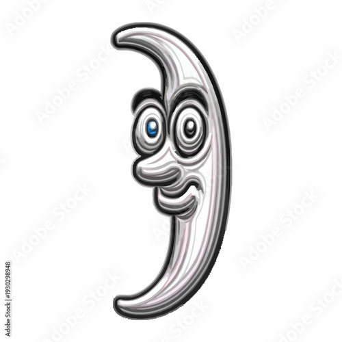 Crescent moon face vector icon illustration with detailed facial features and shading