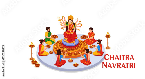 Illustration of Goddess Durga surrounded by devotees in a traditional Indian setting for Chaitra Navratri celebrations with vibrant colors.