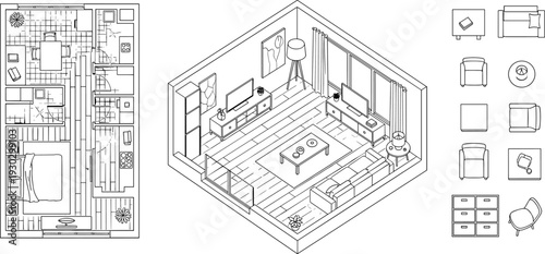 Bundle of Architectural Vector Illustrations Featuring Modern Skyscrapers Historical Orthodox Cathedral Classic Clock Tower Business Management Icons and Detailed Residential Floor Plans for Professio