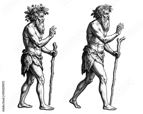 Ancient Greek satyr or faun in engraving style
