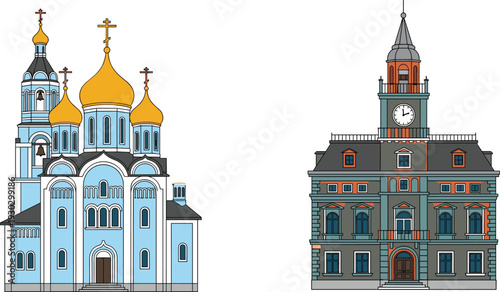 Vector Collection of Diverse Architectural Buildings Featuring a Blue Orthodox Cathedral, a Vintage Clock Tower, a Modern Glass Skyscraper, and an Art Deco Corporate Tower.