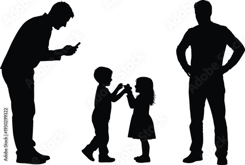 Family conflict silhouette illustration, parents ignoring children using smartphone while kids play isolated black vector design concept