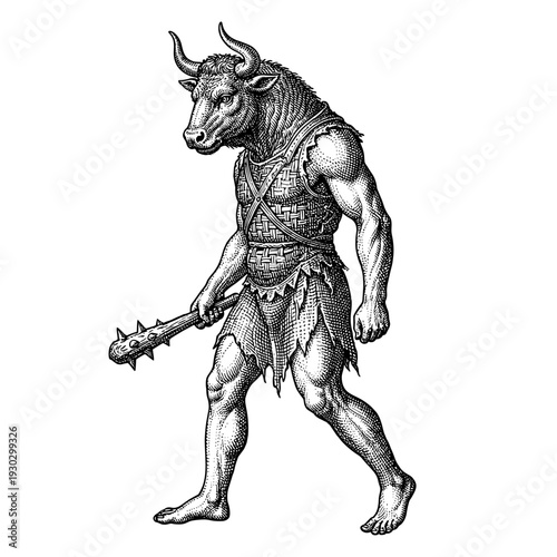 Ancient Greek minotaur mythological creature in engraving style