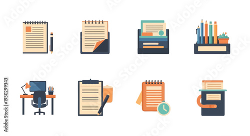 Eight flat illustration icons depicting office supplies and a workstation
