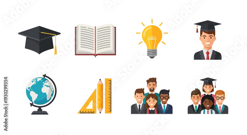Eight icons related to education graduation cap book lightbulb graduate globe tools and groups of people