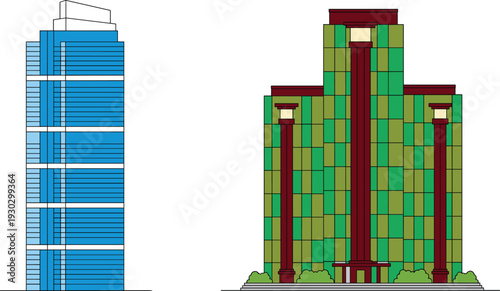 Vector Illustration of Two Diverse Skyscrapers Featuring a Modern Blue Glass Office Building and a Symmetrical Green Art Deco Style High Rise on White Background