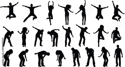 Dancing people silhouettes set, men and women jumping and moving in various poses vector illustration isolated on white
