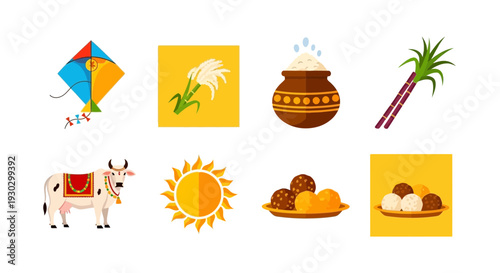 Eight icons related to the Pongal harvest festival including a kite cow and sun