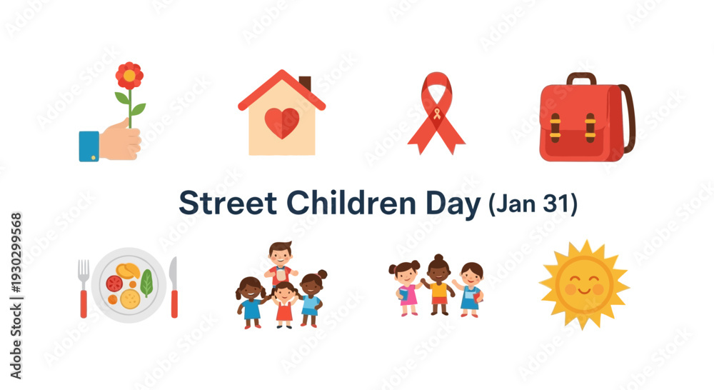 Fototapeta premium Graphic marking Street Children Day Jan 31 with icons representing care and education
