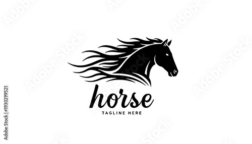 Horse logo with line art silhouette of stallion running with mane
