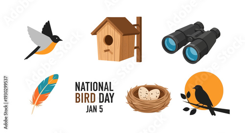 Graphic elements for National Bird Day January 5th including a bird nest feather and binoculars