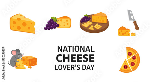 Graphic illustration for National Cheese Lovers Day featuring cheese grapes a mouse and pizza slices