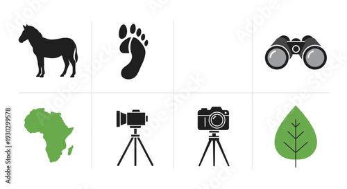 Grid of eight icons representing wildlife observation and documentation tools