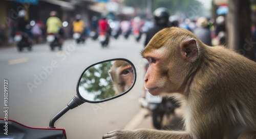 Monkey Riding Motorcycle on Busy Street.