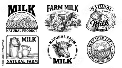 Milk and dairy farm logos set with cow and landscape