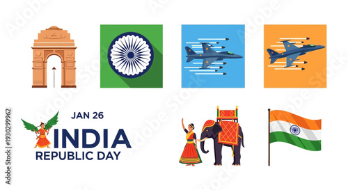Vector icons for India Republic Day featuring monuments military jets cultural figures and the flag