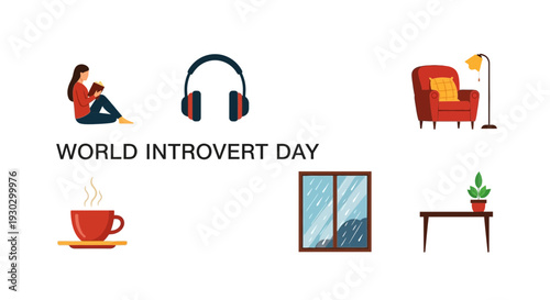 World Introvert Day graphic with icons reading person headphones armchair lamp coffee window plant on table