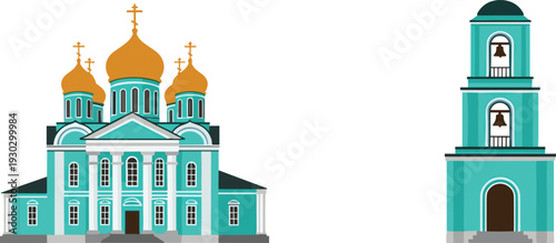 Flat Vector Illustration of Saint Basil's Cathedral in Moscow Russia Featuring Iconic Red Walls and Green Onion Domes for Travel Tourism and Cultural Heritage Design