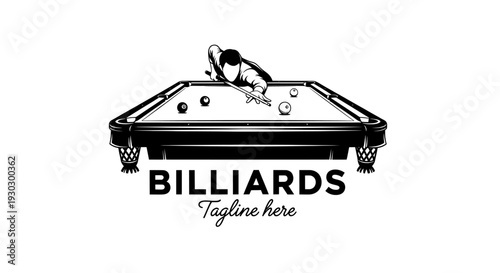 Billiards table game logo with balls and cue
