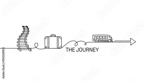 A winding path illustrating the journey of travel, with symbols of a staircase, luggage, and a bus, conveying progression and movement forward.