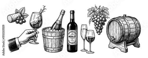 Wine and champagne collection with barrel and Merlot bottle